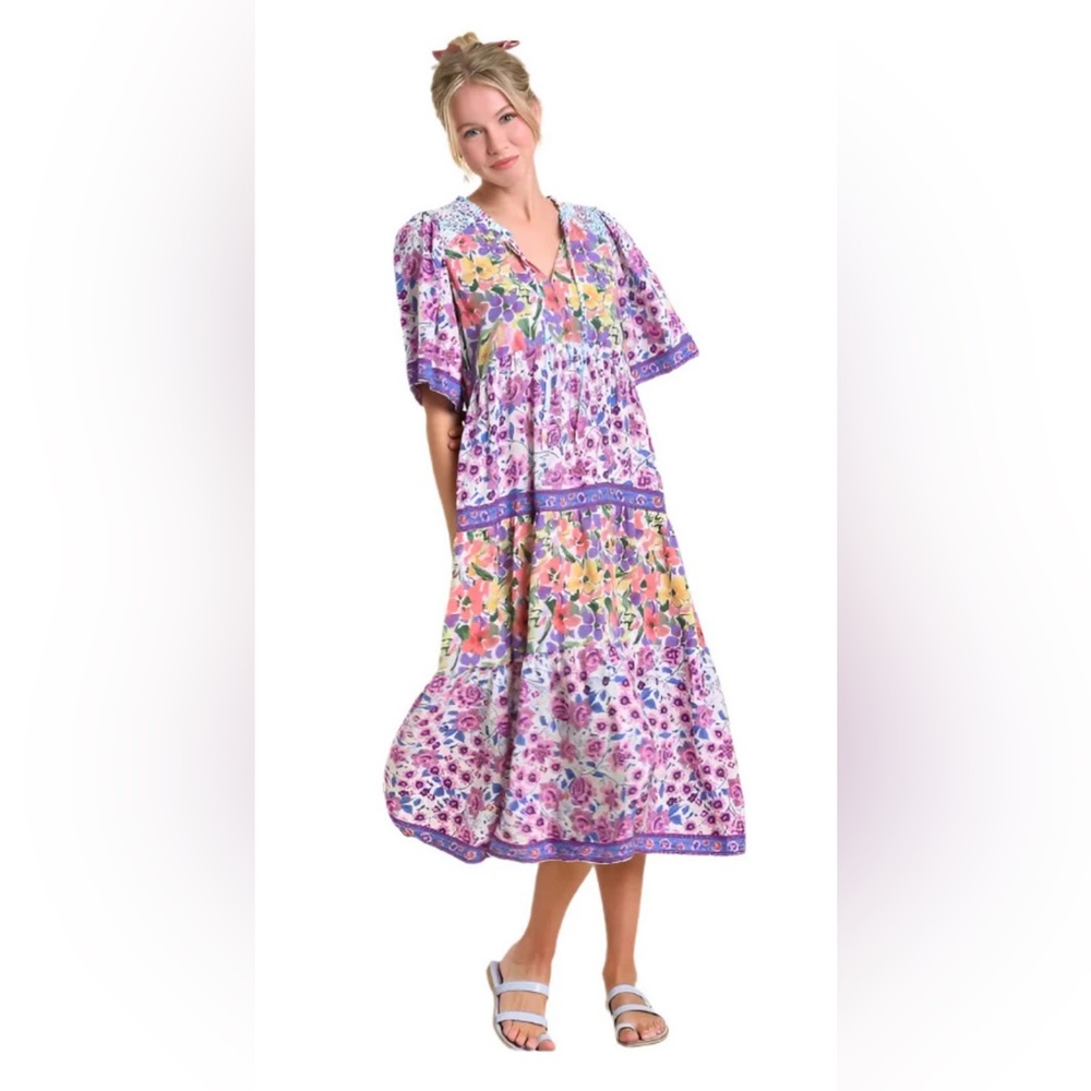 Umgee Floral Purple Tiered Midi Dress - Lightweight V‑Neck for Women